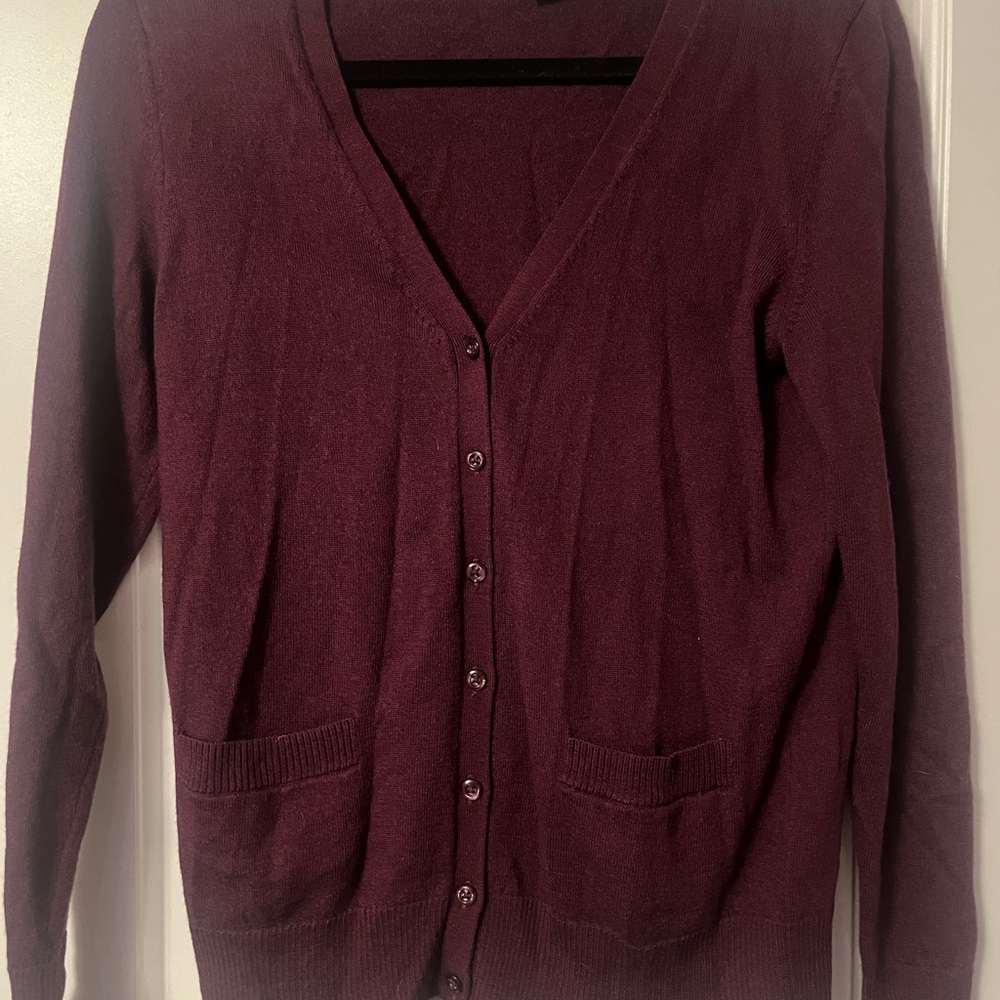 Lord & Taylor Rich Burgundy Cardigan, extra fine merino, size medium